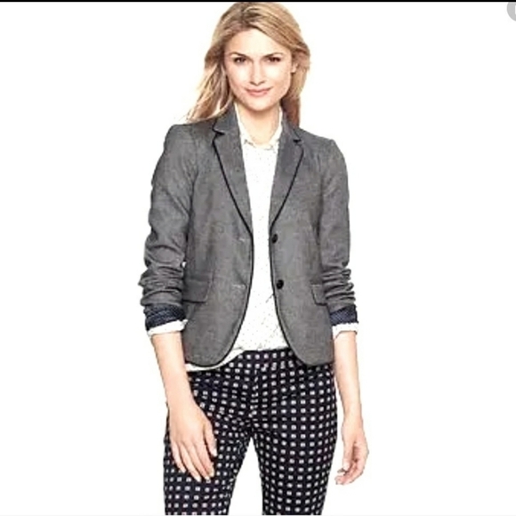 Gap The Academy Blazer Womens Size 4 Heathered Gray Navy Blue Trim Pockets - Picture 1 of 12